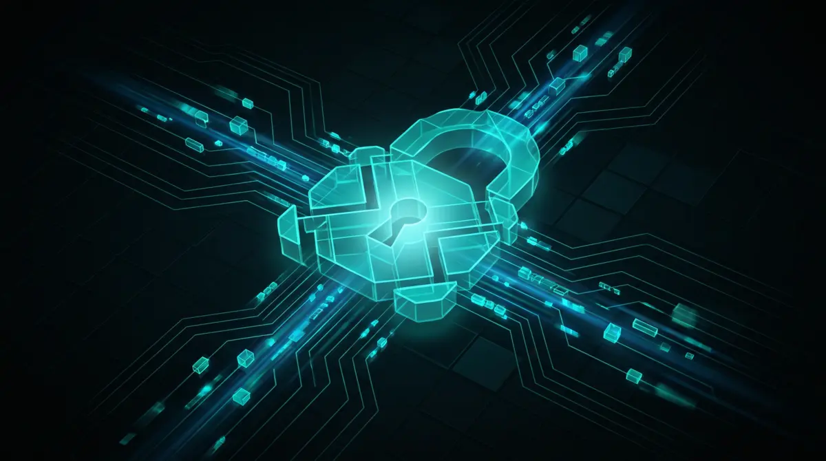 Abstract glowing padlock within a circuit lattice, representing secure crypto payment processing