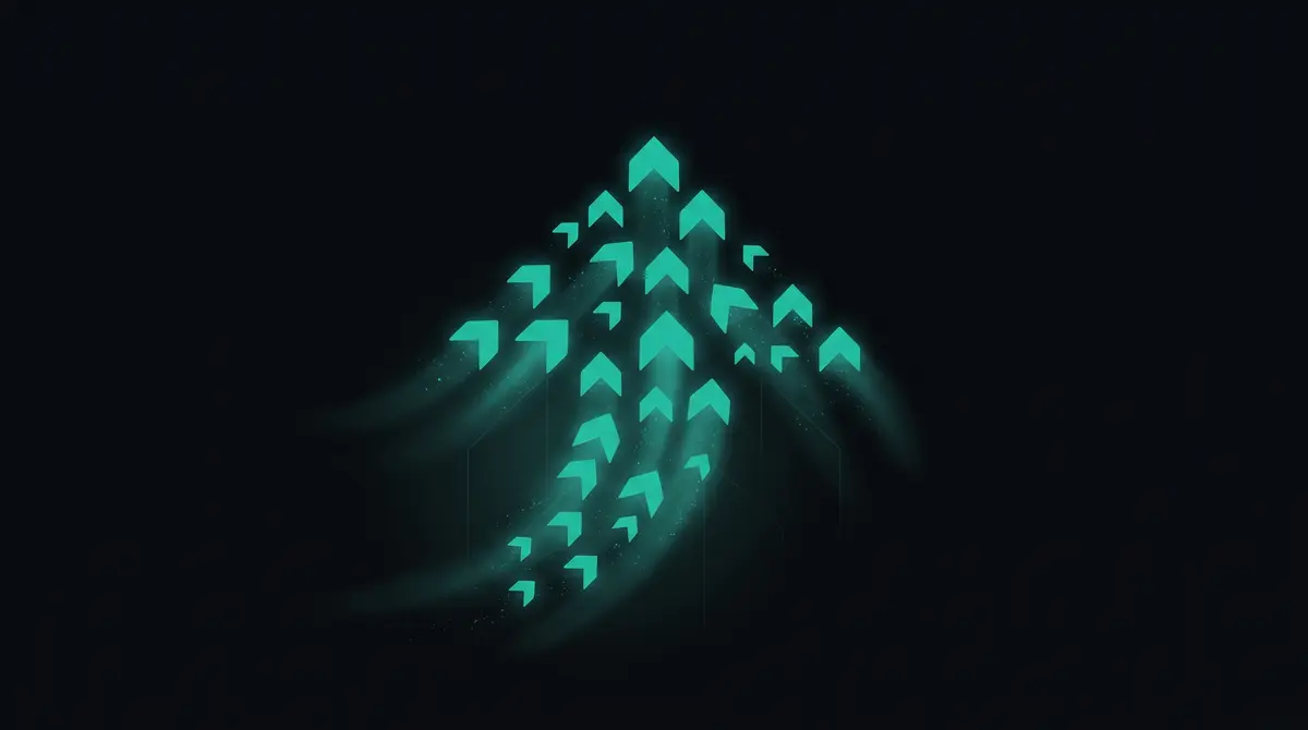 Glowing teal upvote arrows converging upward, representing organic karma earned through good timing