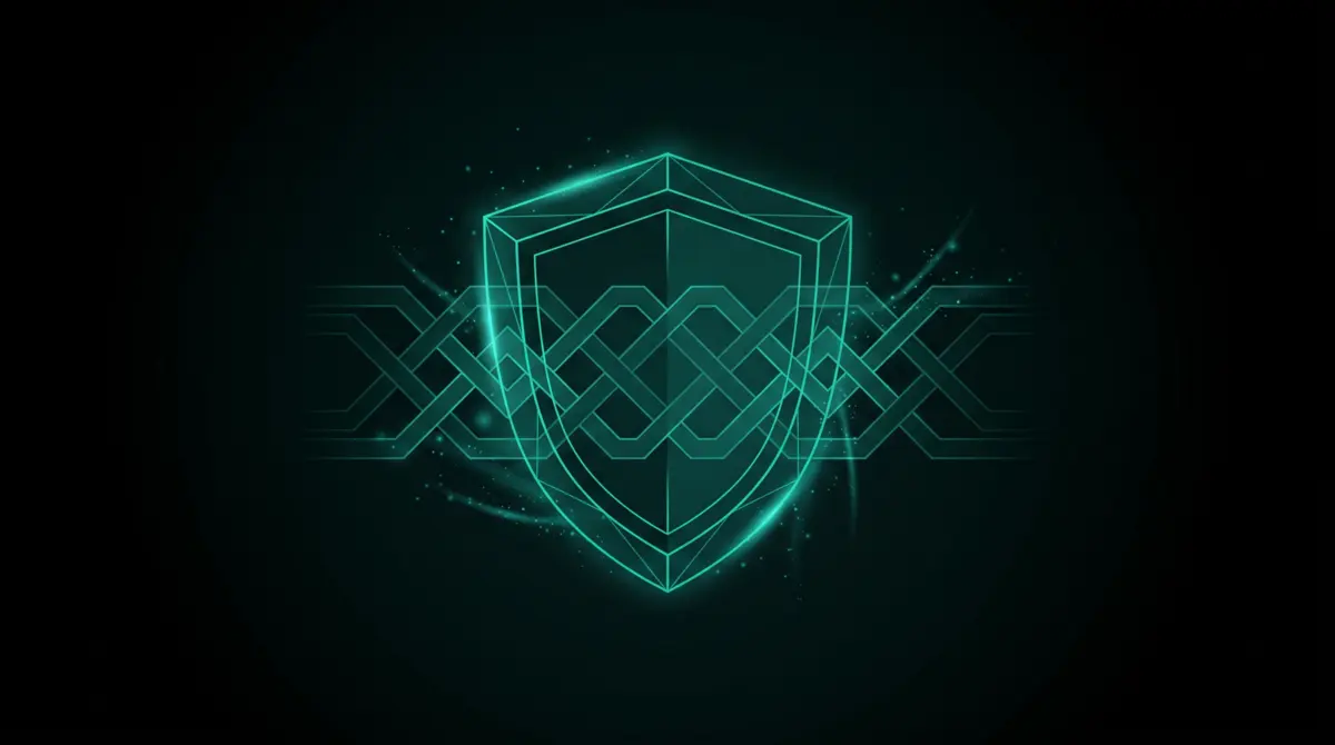 Glowing teal shield with an interlocking gate pattern, representing the trust and policy checks a legitimate panel should pass