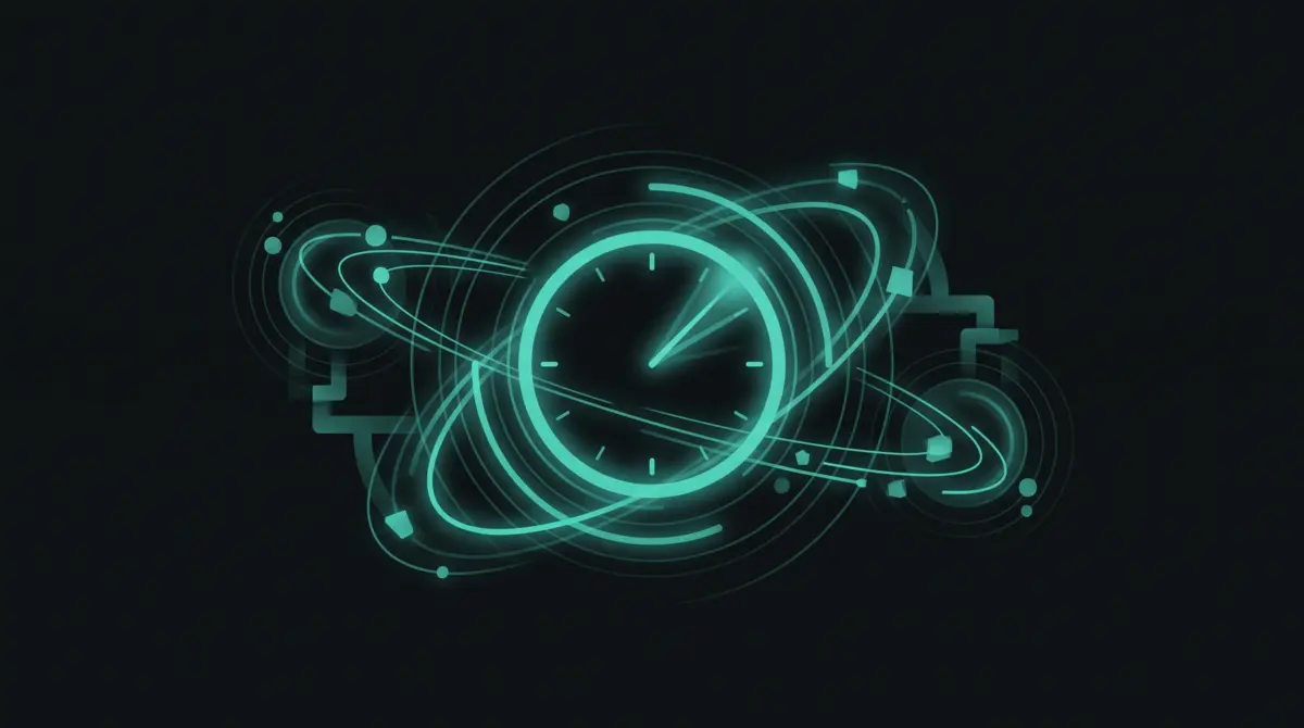 Glowing teal clock face with orbiting light trails, representing Reddit post timing strategy