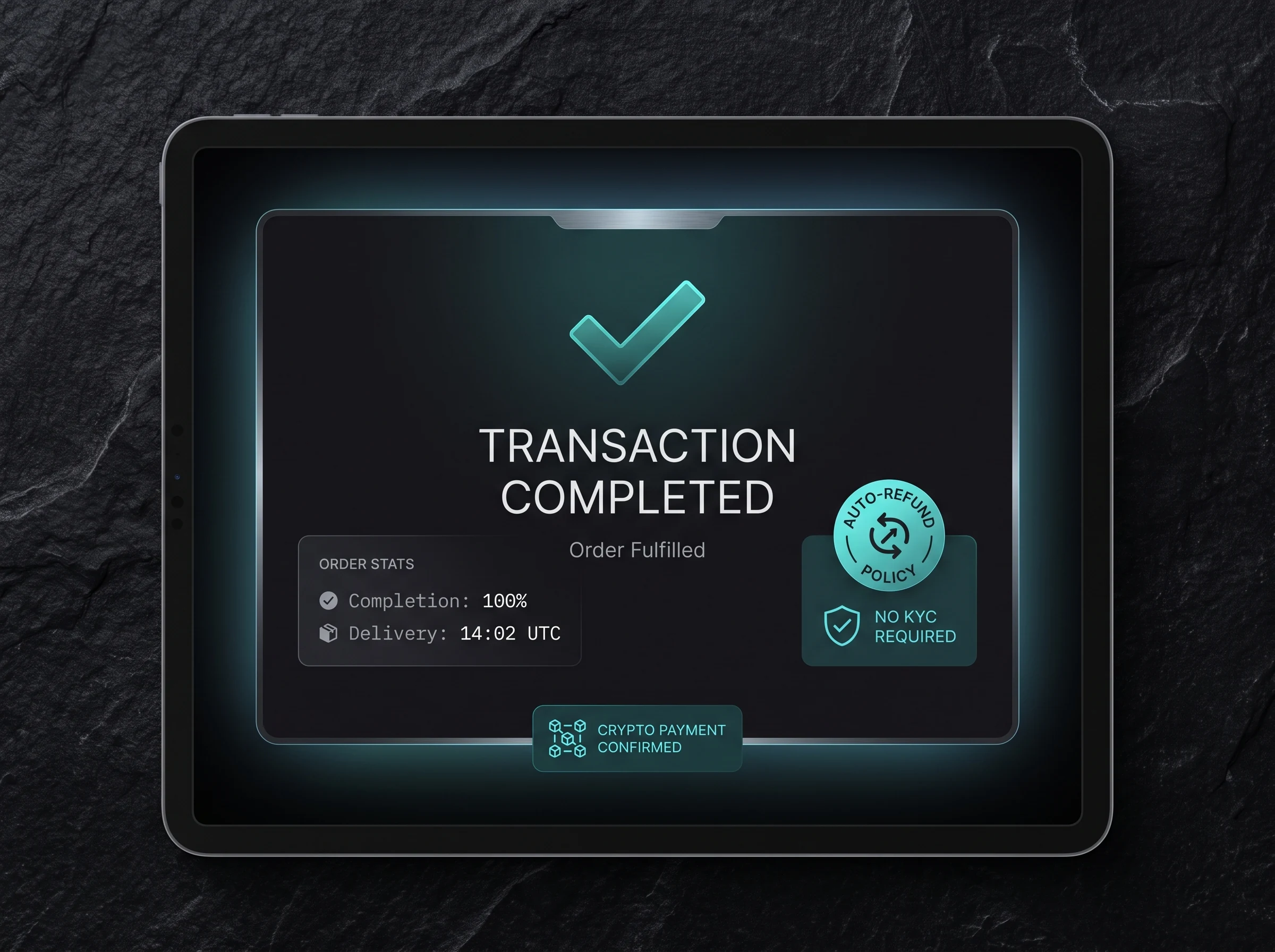 Karmflow transaction completed screen showing auto-refund policy and no-KYC confirmation