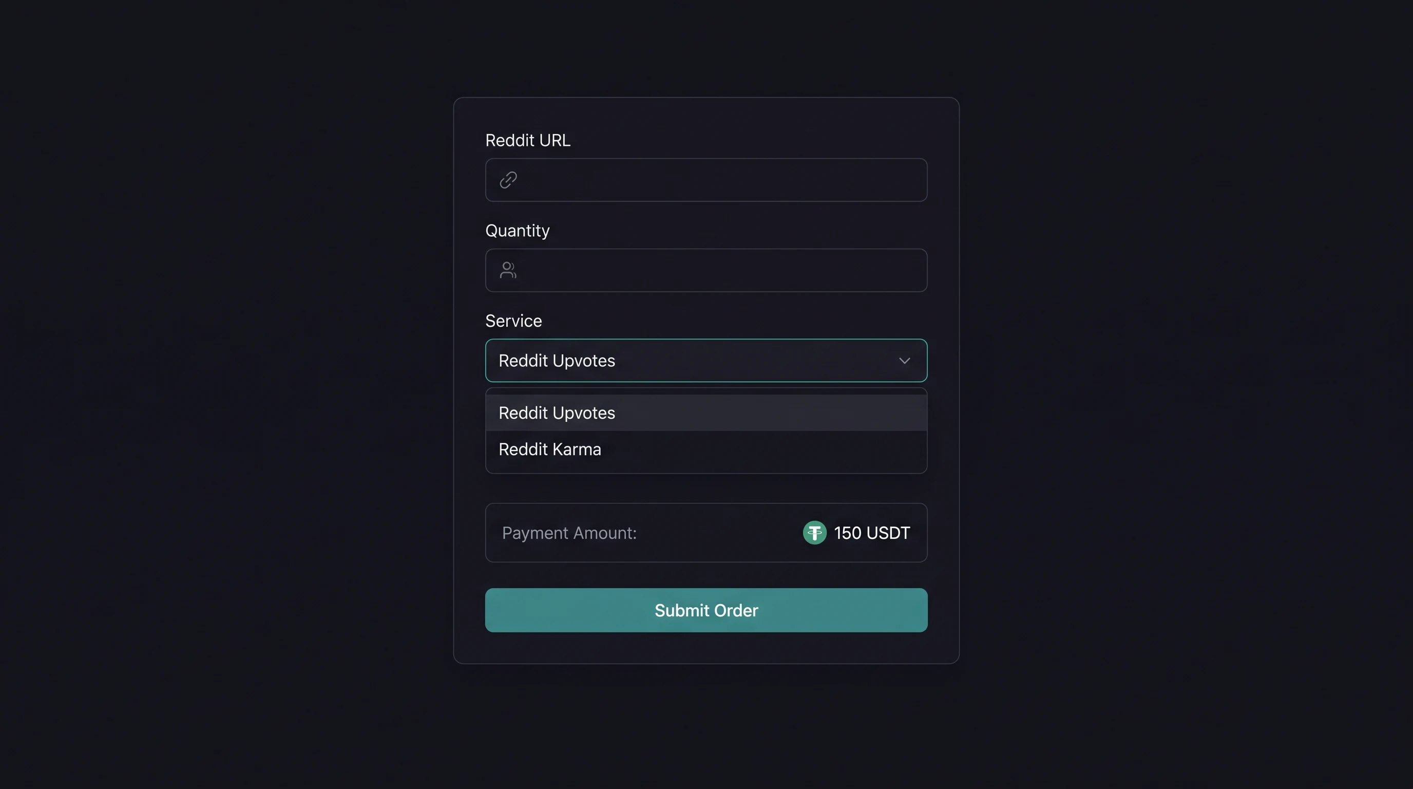Karmflow order form with Reddit URL input, service selection, and USDT payment